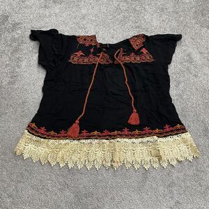 Ally Embroidered Bohemian Blouse Top Womens 4 Black Tasseled Short Sleeve Casual